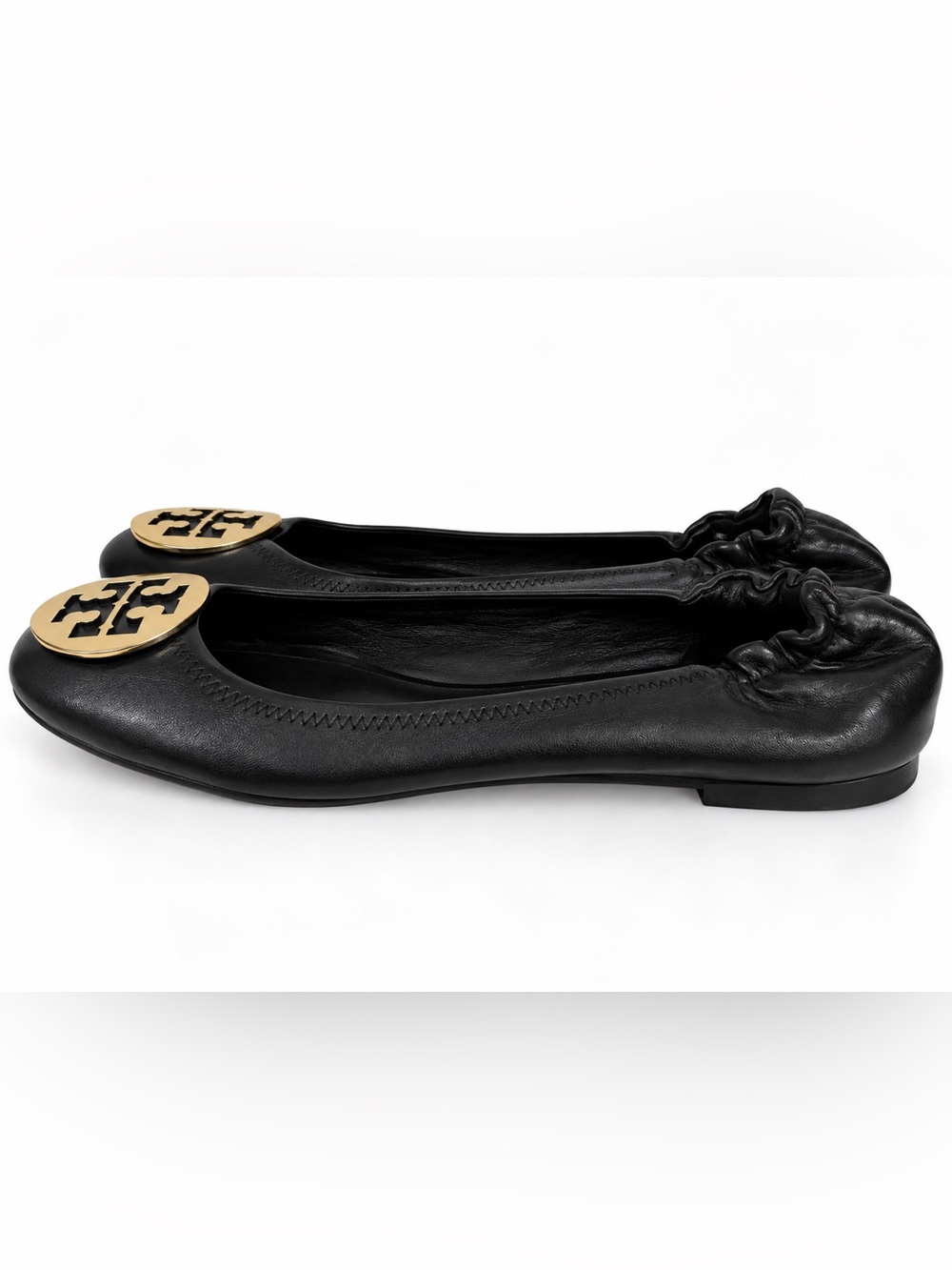 Tory Burch Black Leather Ballet Flats Gold Logo Medallion Almond Toe Size 9 EUC - Picture 2 of 6